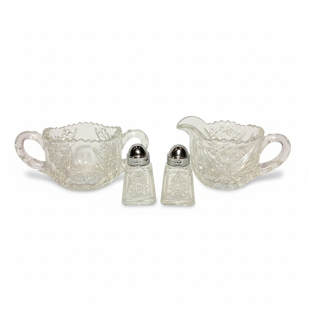 Vintage Cut Glass Creamer Pitcher Sugar Bowl Salt & Pepper Shaker Set Art Deco